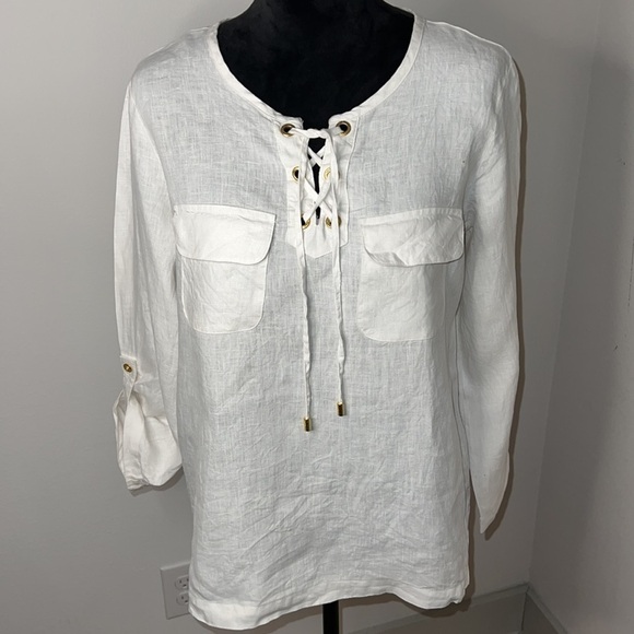 Ellen Tracy Company 100% Linen natural ivory tunic top Sz S lace up - Picture 4 of 11